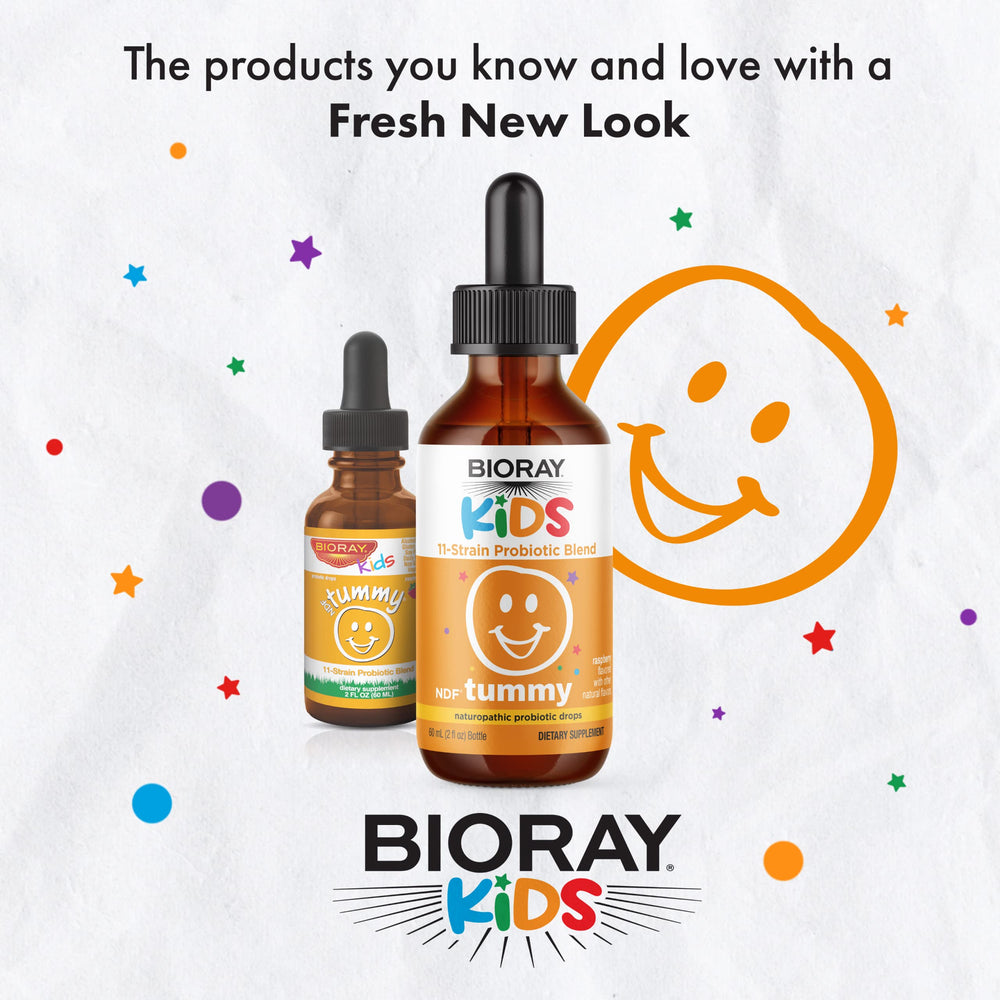 BIORAY Kids NDF Tummy probiotic blend illustration showing synergistic support for daily digestive comfort.