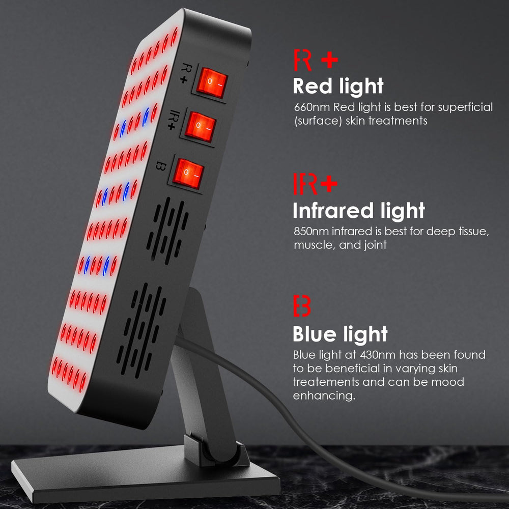 Bioredrlt red-blue light panel skin rejuvenation promotes radiant skin over time.