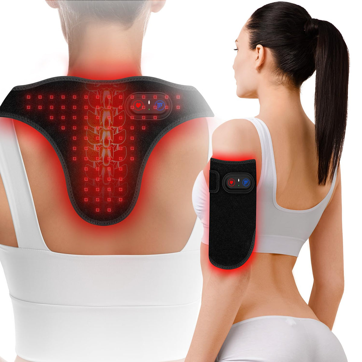 Bioredrlt red light therapy neck and shoulder pad in use with adjustable strap for relaxation