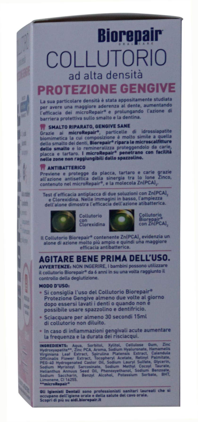 Biorepair label close-up highlighting hyaluronic acid and zinc PCA ingredients.