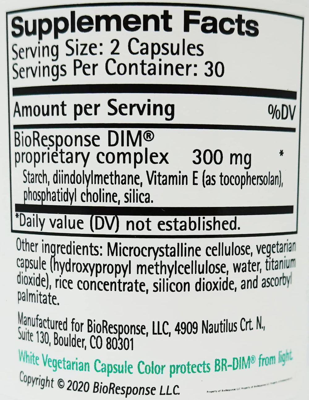 Bioresponse DIM 150 bottle label showing patented formulation and key ingredients.