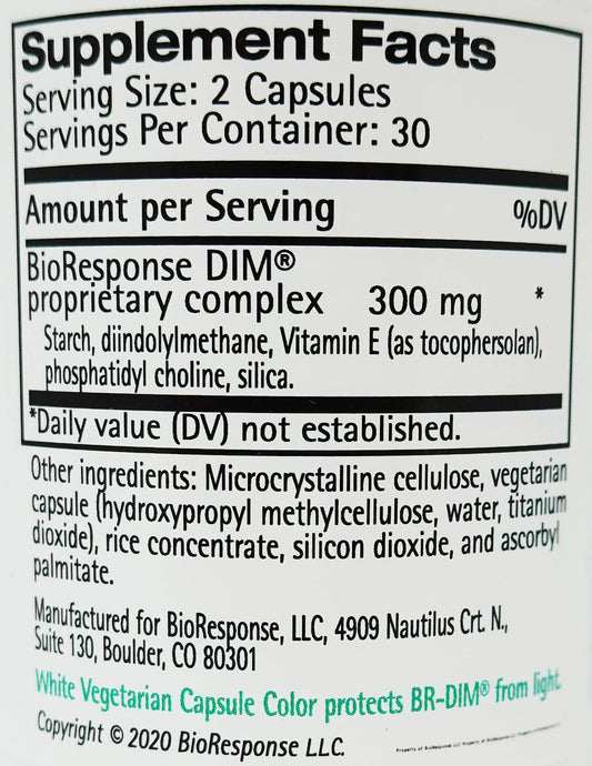 Bioresponse DIM 150 bottle label showing patented formulation and key ingredients.