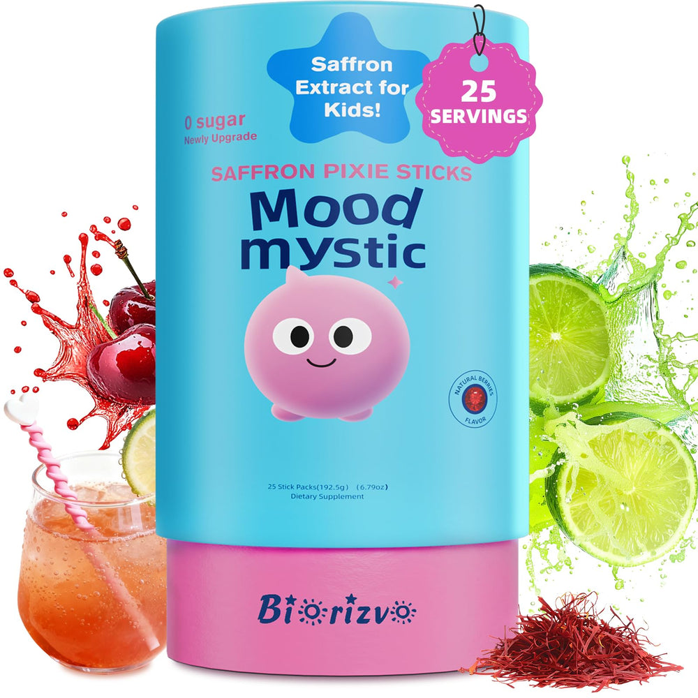 Biorizvo Saffron Pixie Drink Stick in fruit punch for daily mood and focus support