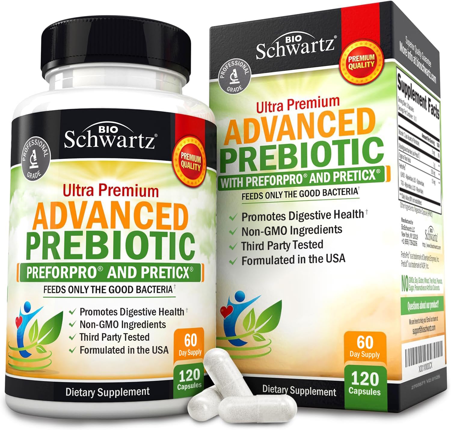 BioSchwartz Advanced Prebiotics bottle front promoting daily gut health support