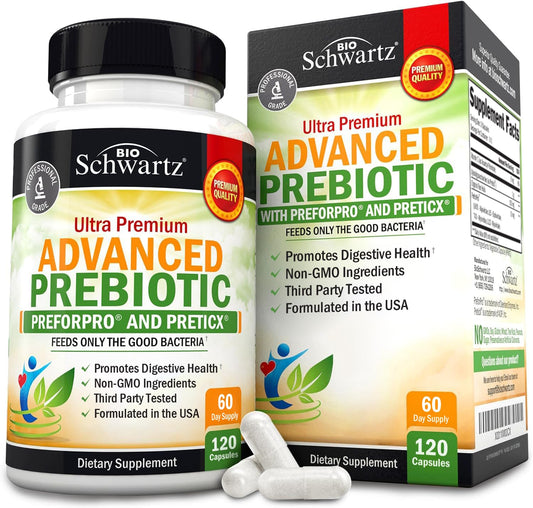 BioSchwartz Advanced Prebiotics bottle front promoting daily gut health support