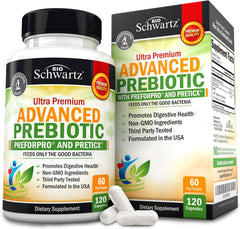 BioSchwartz Advanced Prebiotics bottle front promoting daily gut health support