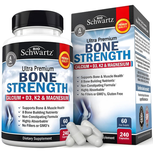 BioSchwartz Bone Strength bottle label highlighting 9-in-1 minerals for daily support