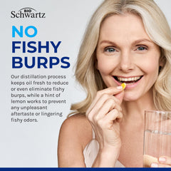 BioSchwartz burpless lemon softgels on open bottle promoting mild taste.
