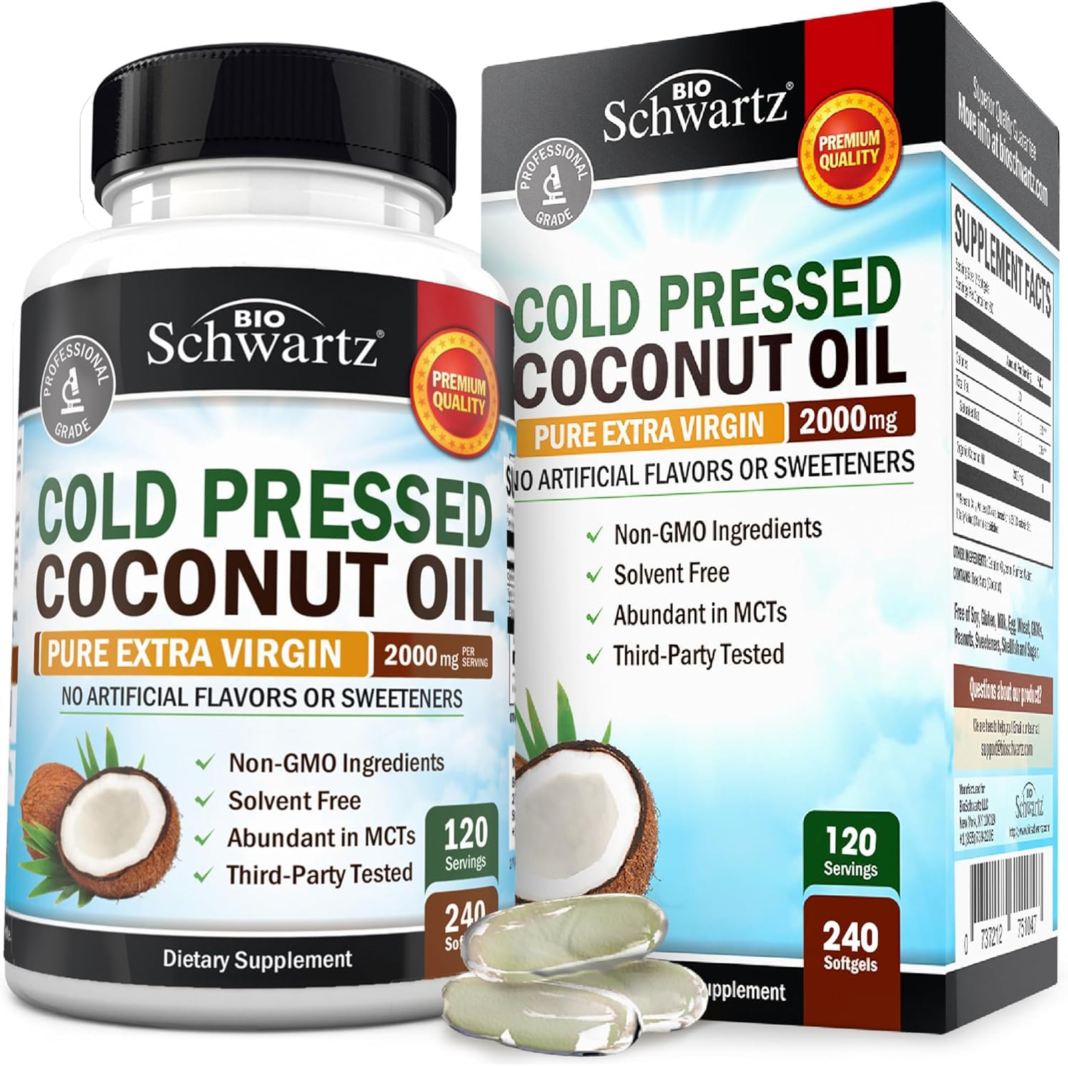 BioSchwartz Coconut Oil Capsules bottle showing organic, MCT-rich formula for skin, hair and digestion.