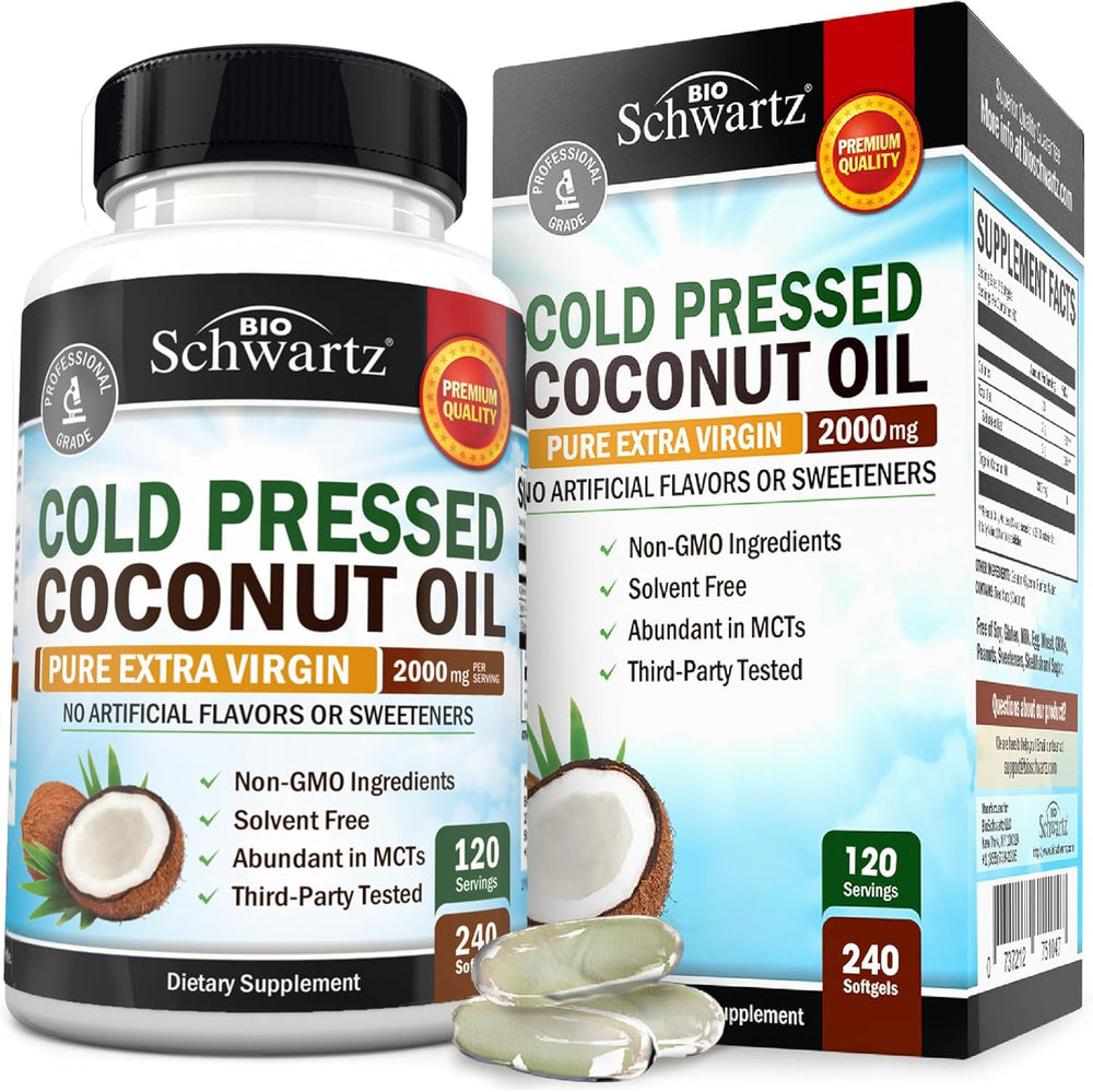 BioSchwartz Coconut Oil Capsules bottle showing organic, MCT-rich formula for skin, hair and digestion.
