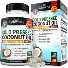 BioSchwartz Coconut Oil Capsules bottle showing organic, MCT-rich formula for skin, hair and digestion.