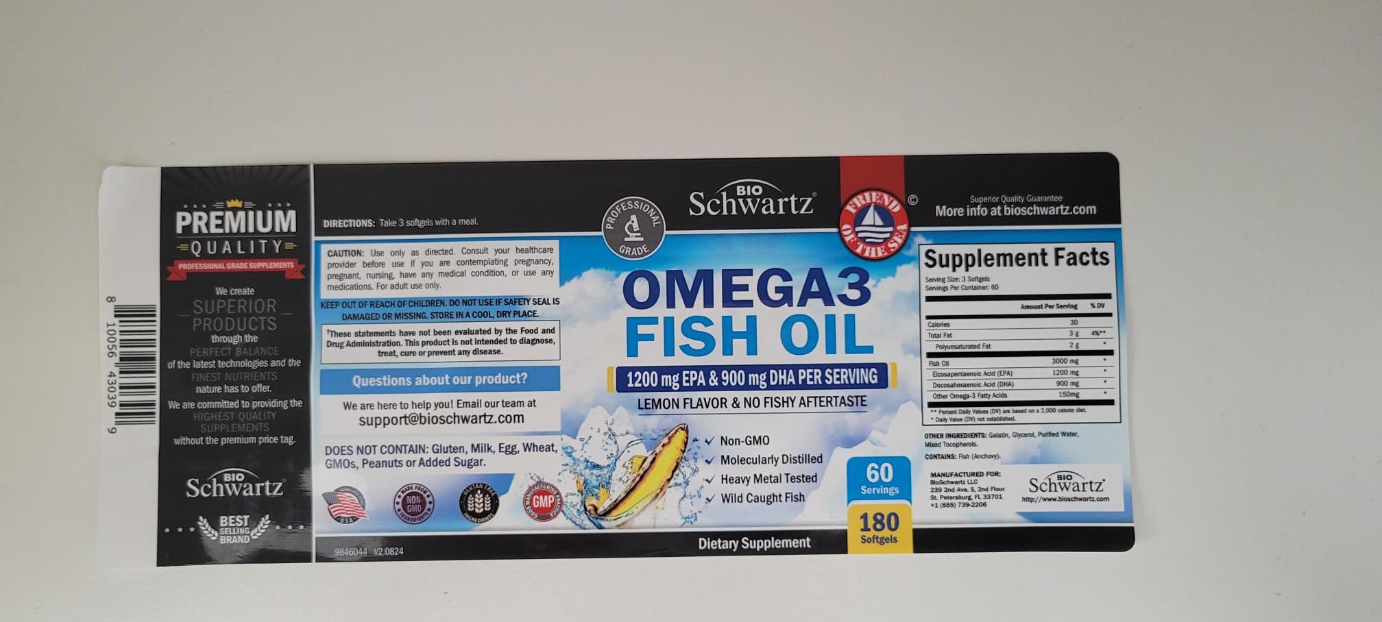 BioSchwartz daily omega-3 dose card included with softgel bottle.