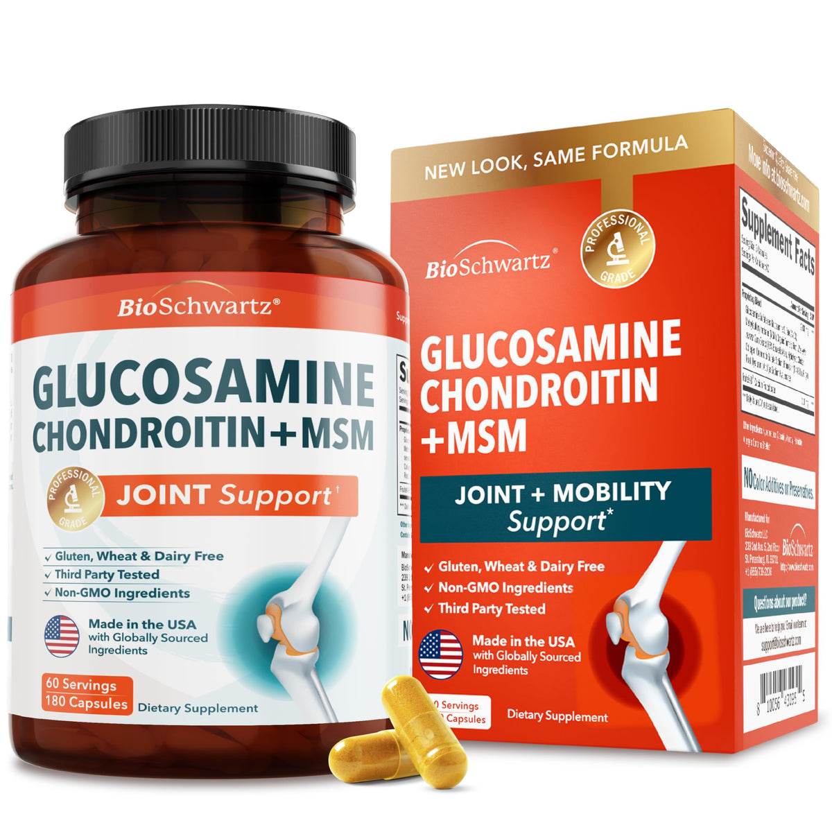BioSchwartz glucosamine chondroitin msm joint support bottle showcasing a comprehensive mobility blend