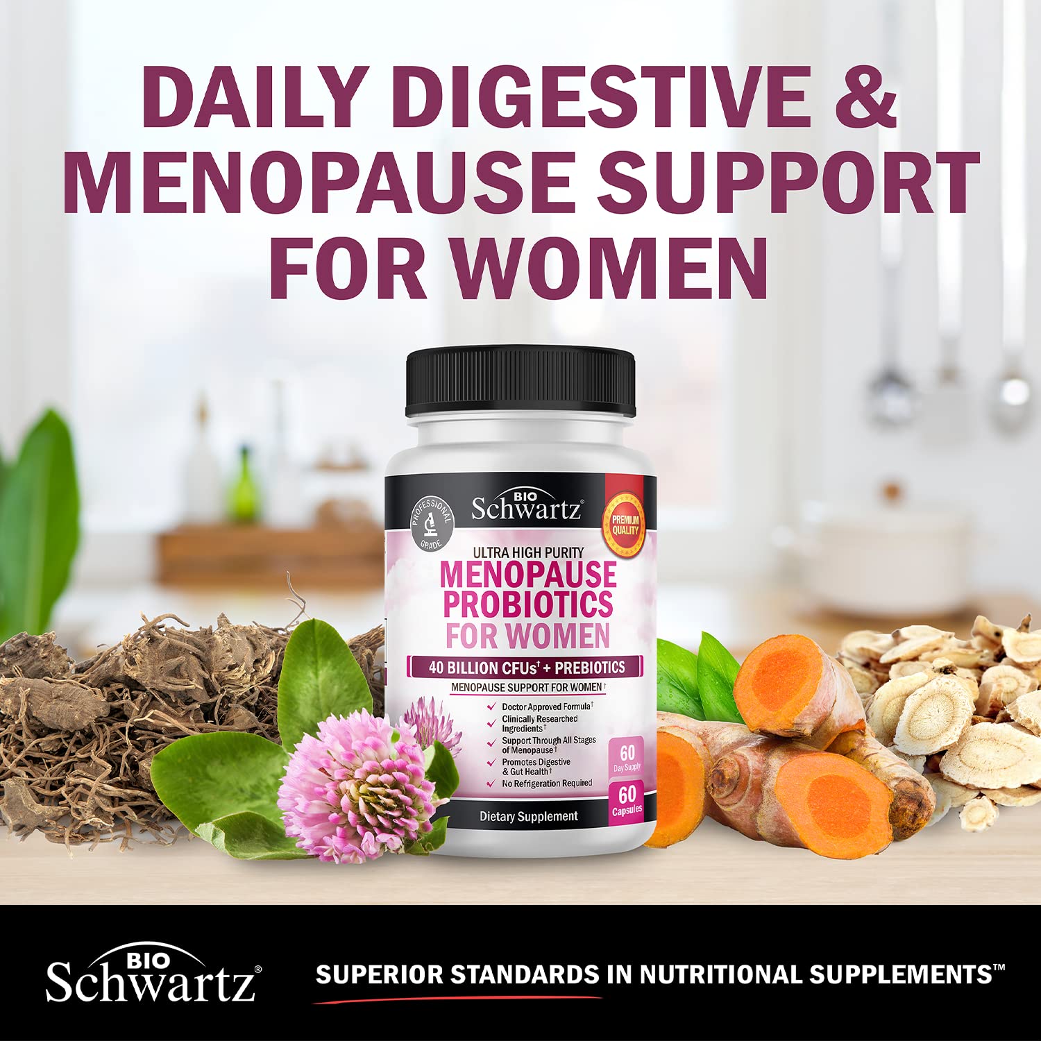 BioSchwartz menopause prebiotic fiber visual emphasizing gut health support