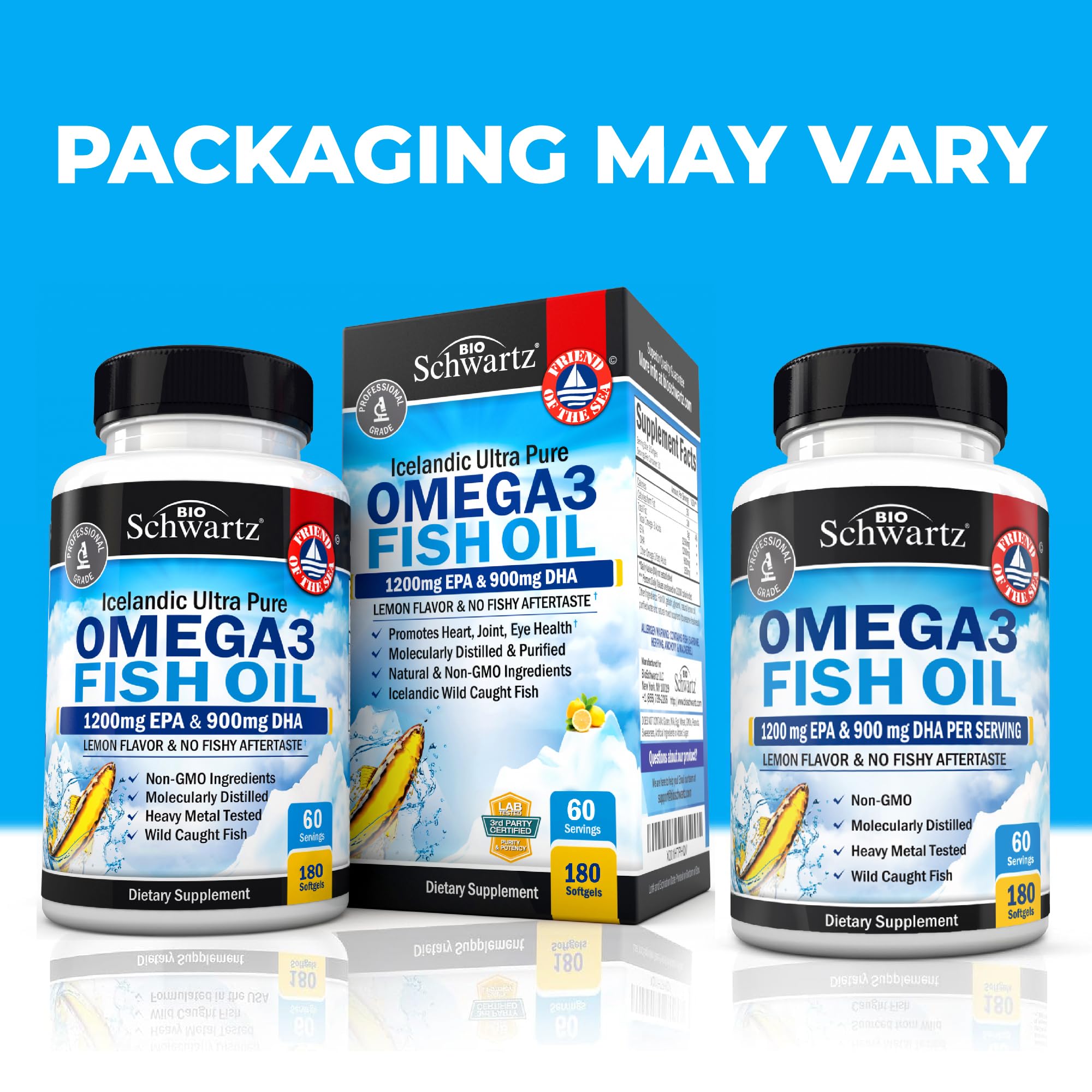 BioSchwartz Omega-3 DHA EPA softgels close-up showing burpless lemon flavor for daily use.