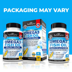 BioSchwartz Omega-3 DHA EPA softgels close-up showing burpless lemon flavor for daily use.