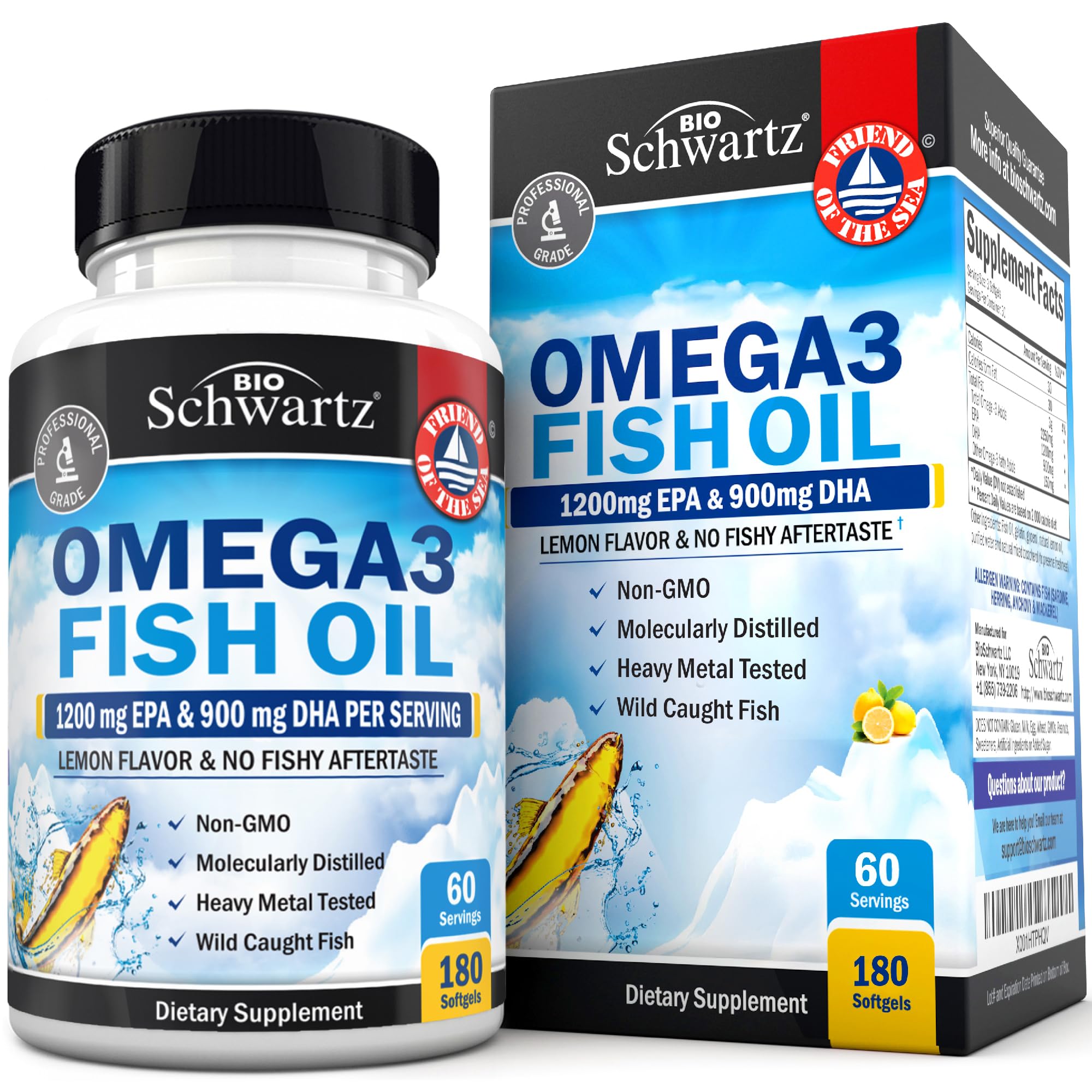 BioSchwartz triple-strength omega-3 bottle shows clear labeling for simple daily dosing.