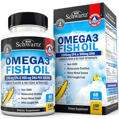 BioSchwartz triple-strength omega-3 bottle shows clear labeling for simple daily dosing.
