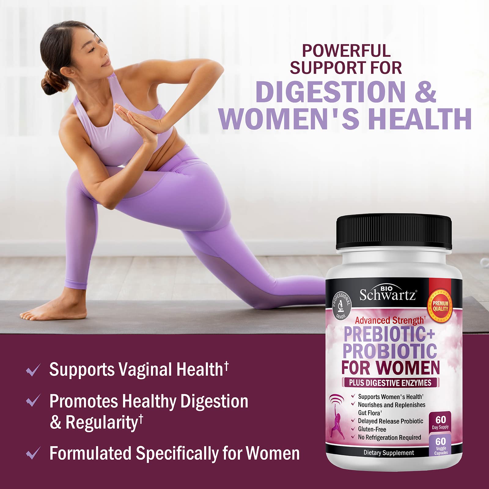 BioSchwartz women's digestive enzymes capsules highlight convenient one-per-day serving.