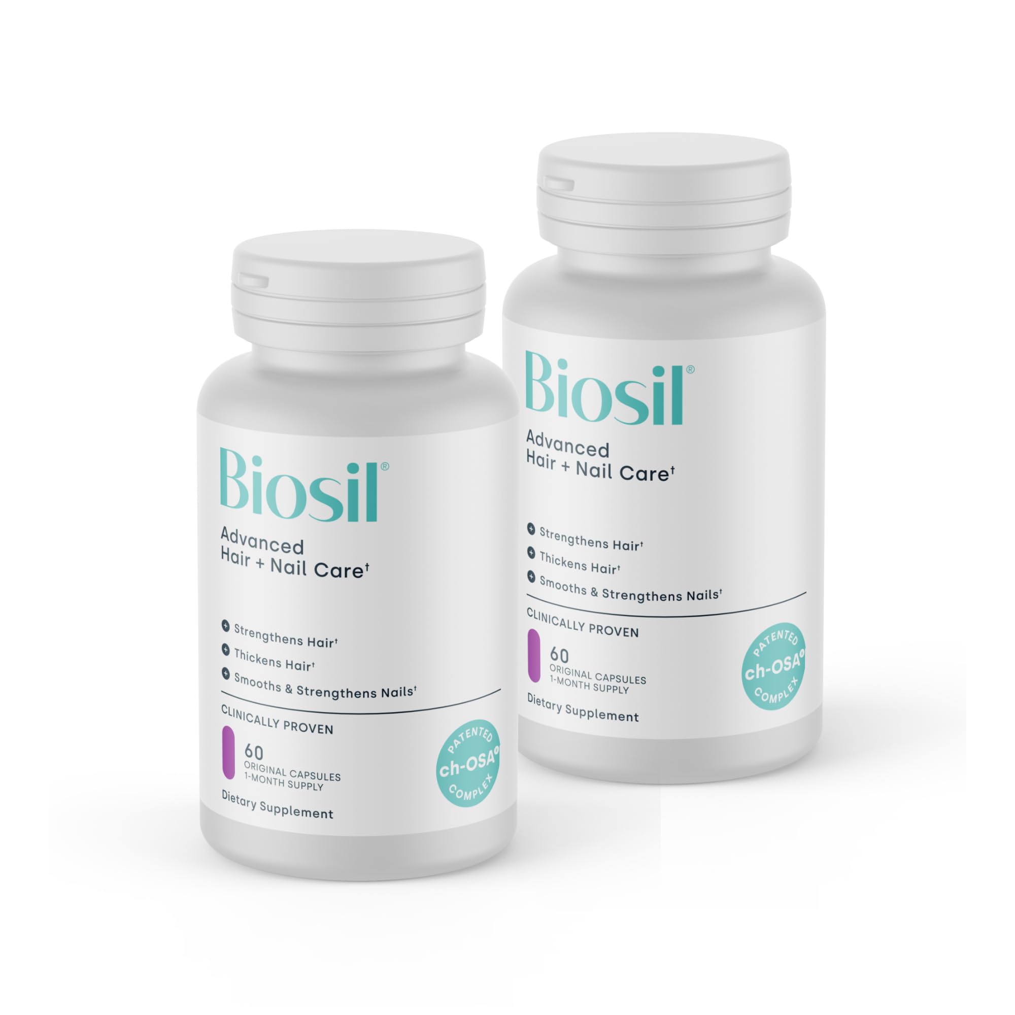 Biosil Advanced Hair + Nail Care bottle front showing packaging for daily use