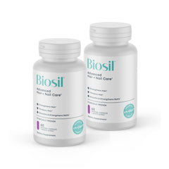 Biosil Advanced Hair + Nail Care bottle front showing packaging for daily use