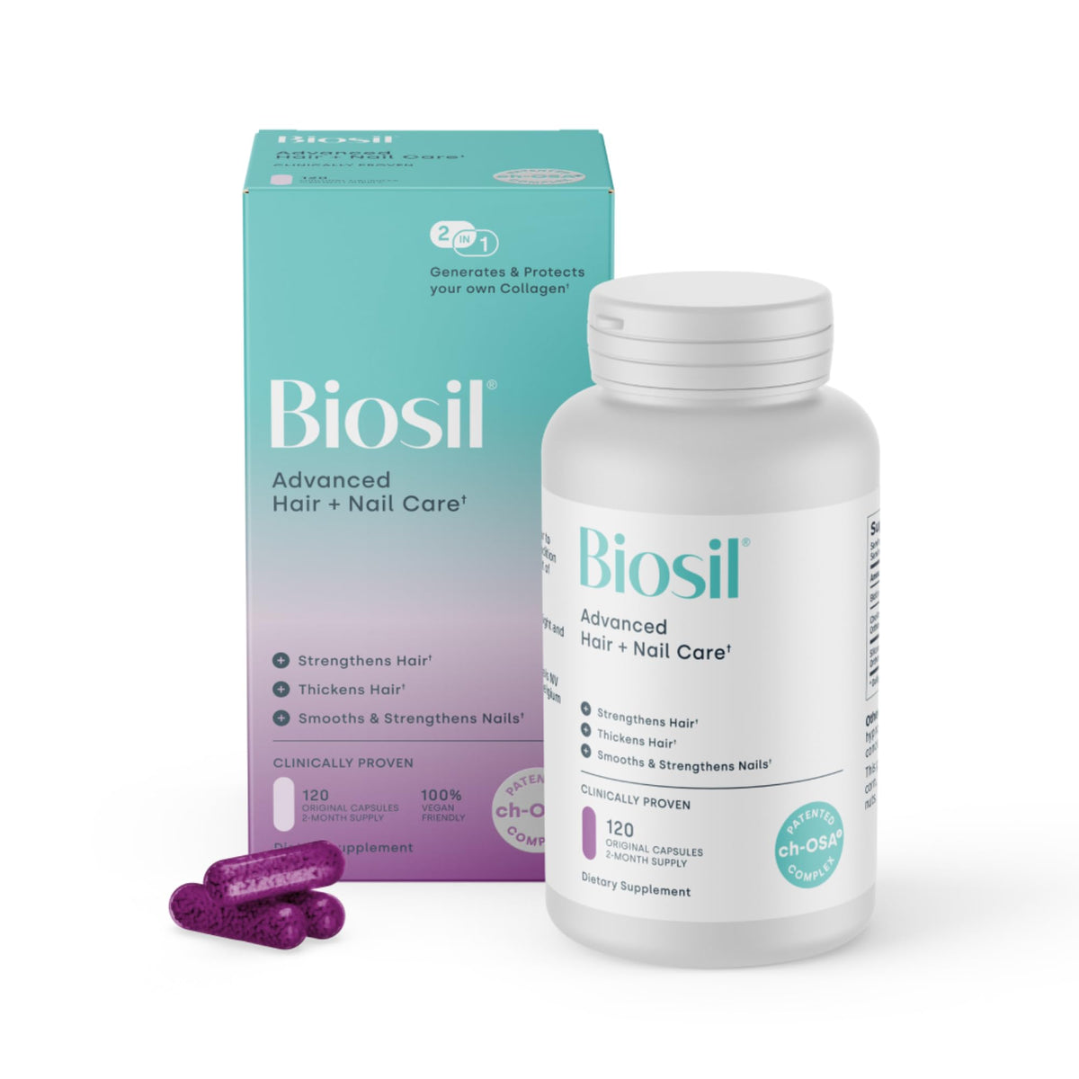 Biosil Advanced Hair and Nail Care bottle pour supports daily dosing for stronger nails