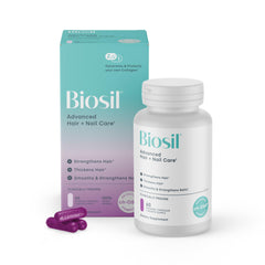 Biosil Advanced Hair + Nail Care bottle—vegan formula supporting healthier hair and nails.