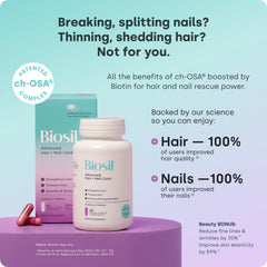 Biosil Advanced Hair + Nail Care capsules—easy daily capsules for stronger hair and nails.