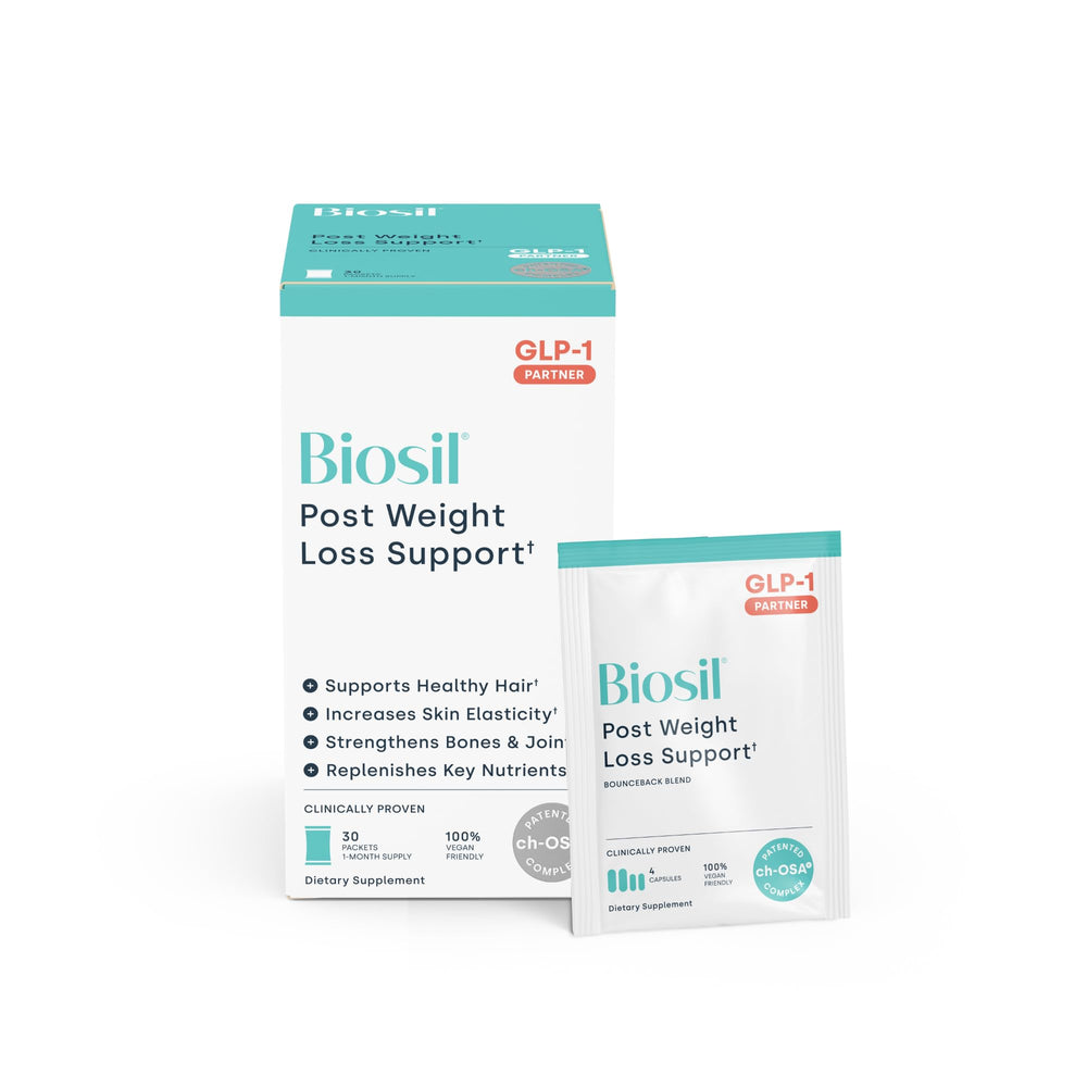 Biosil BounceBack pack front view—vegan formula for post-weight loss support.
