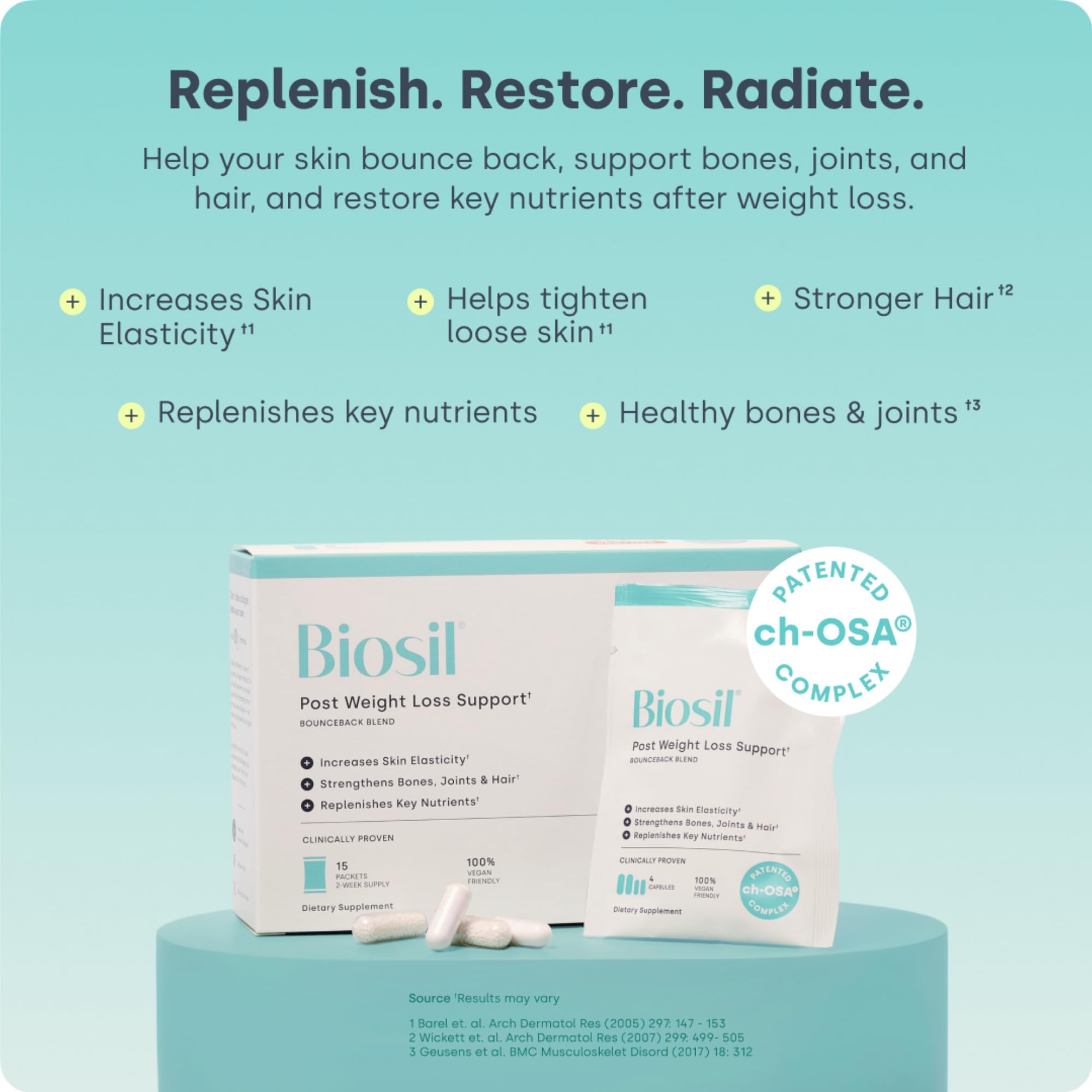 Biosil BounceBack pack open capsules—daily capsules for skin elasticity and joint support.