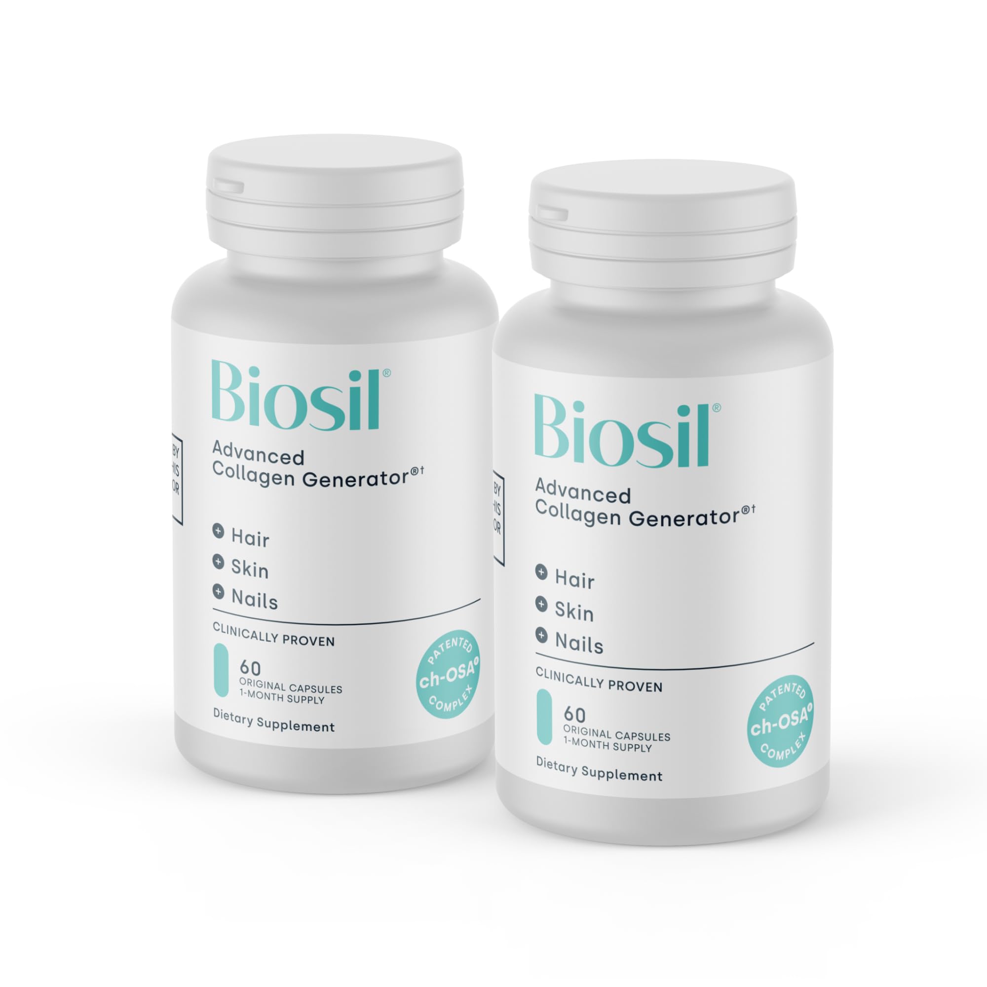 Biosil Collagen Booster bottle close-up for easy daily use and skin support