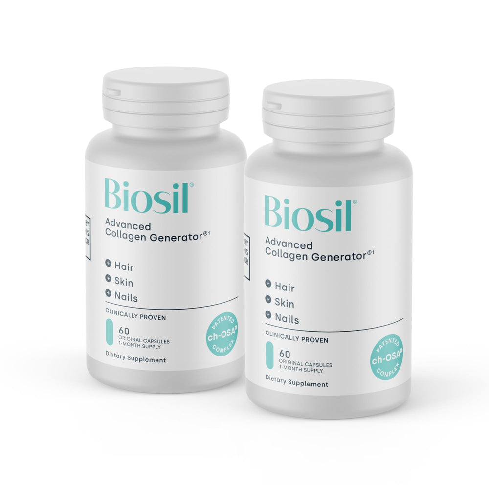 Biosil Collagen Booster bottle close-up for easy daily use and skin support