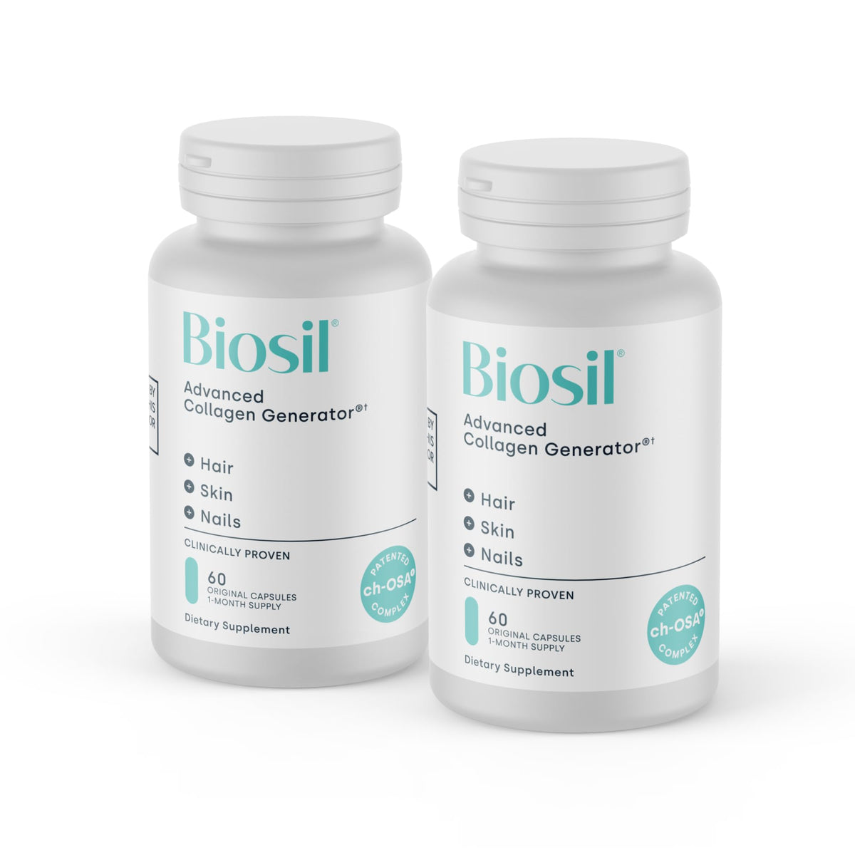 Biosil Collagen Booster bottle close-up for easy daily use and skin support