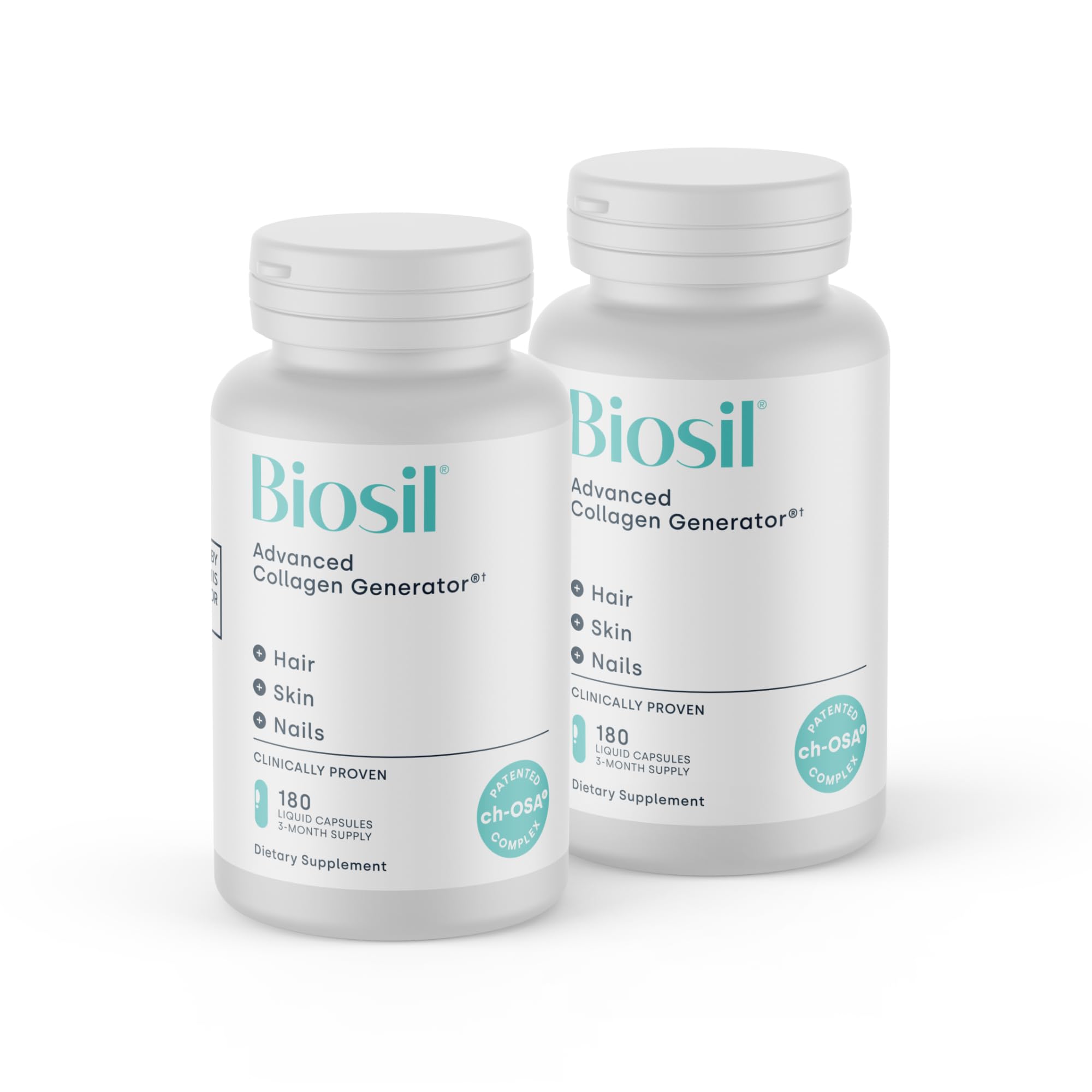 Biosil Collagen Booster bottle pour promotes daily use for radiant skin.