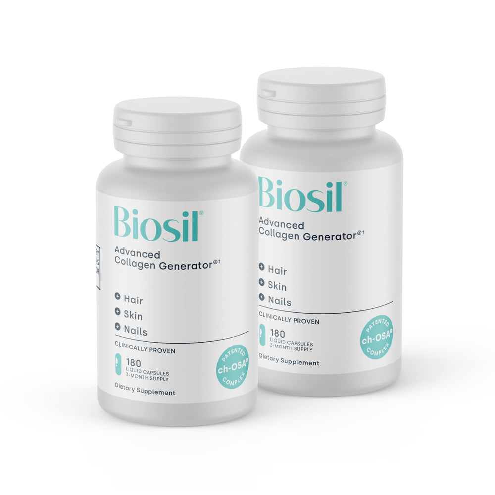 Biosil Collagen Booster bottle pour promotes daily use for radiant skin.
