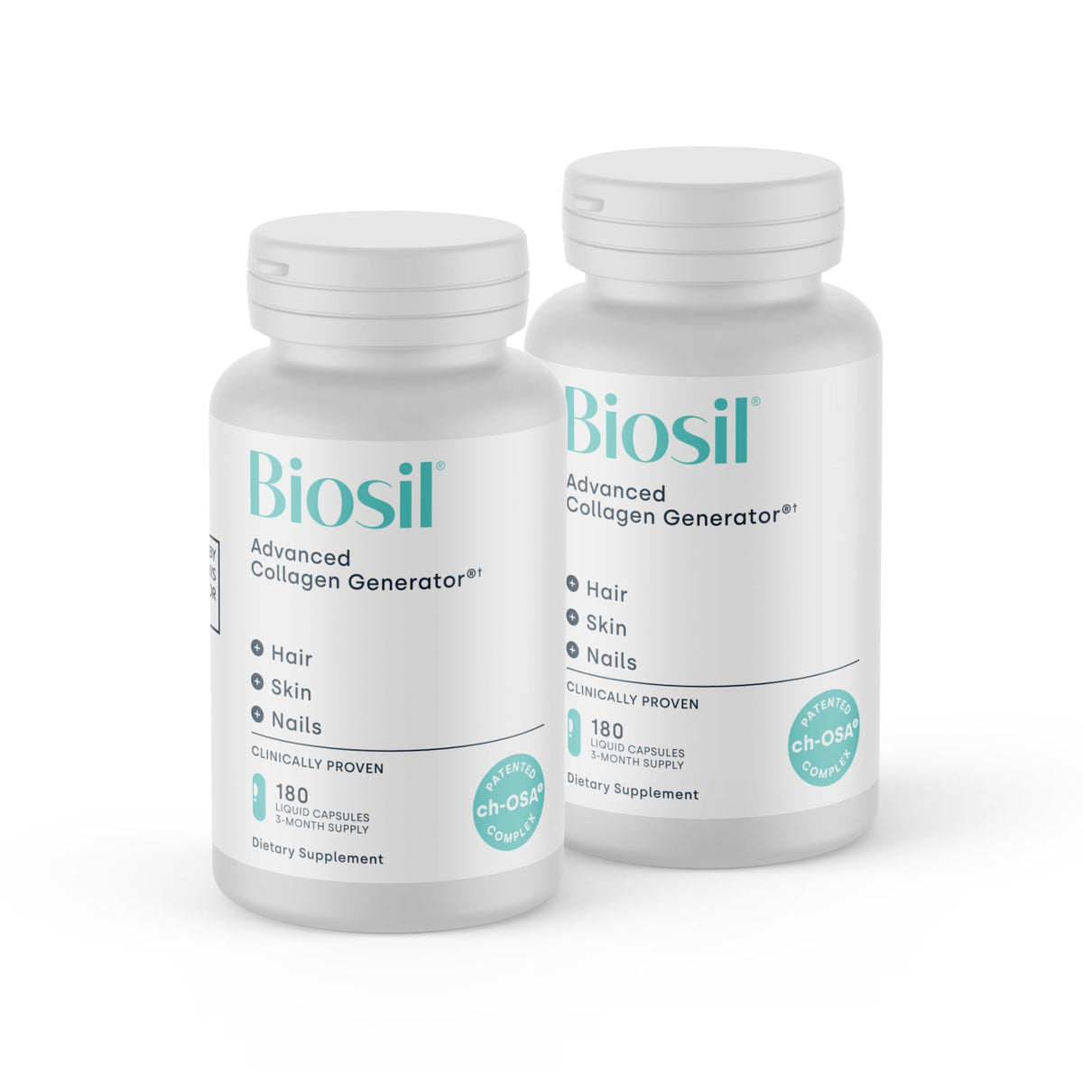 Biosil Collagen Booster bottle pour promotes daily use for radiant skin.