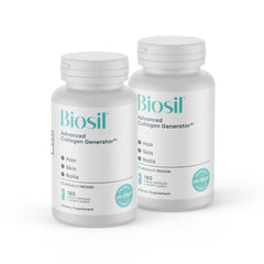 Biosil Collagen Booster bottle pour promotes daily use for radiant skin.