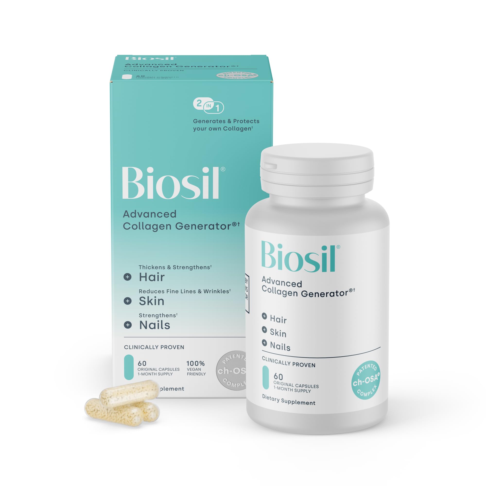 Biosil Collagen Booster bottle showing vegan formula for skin and nails.