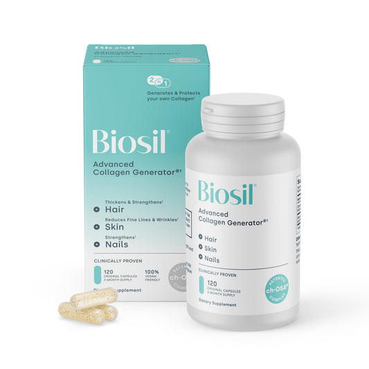 Biosil Collagen Booster bottle displaying ch-OSA formula and vegan ingredients.