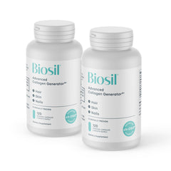 Biosil Collagen Booster bottle showing premium packaging and skin support potential