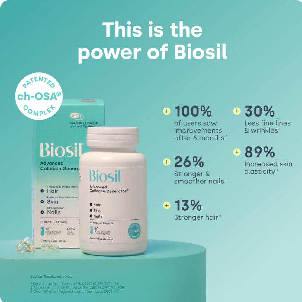 Close-up of Biosil Collagen Booster capsules emphasizing vegan formula