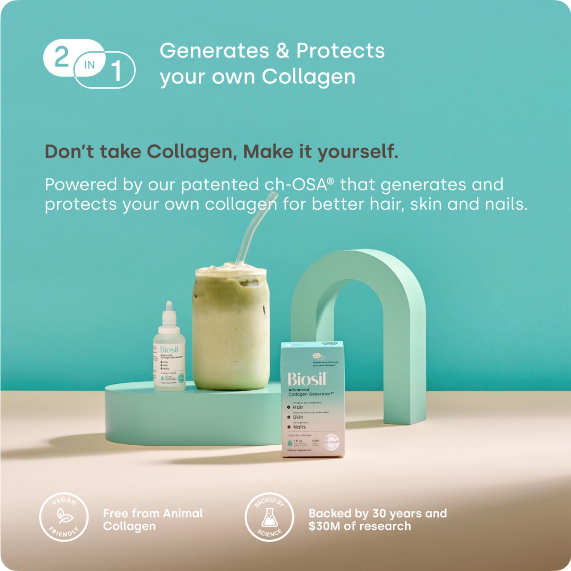 Biosil Collagen Booster vegan-friendly badge—high purity formula, free from GMOs and common allergens