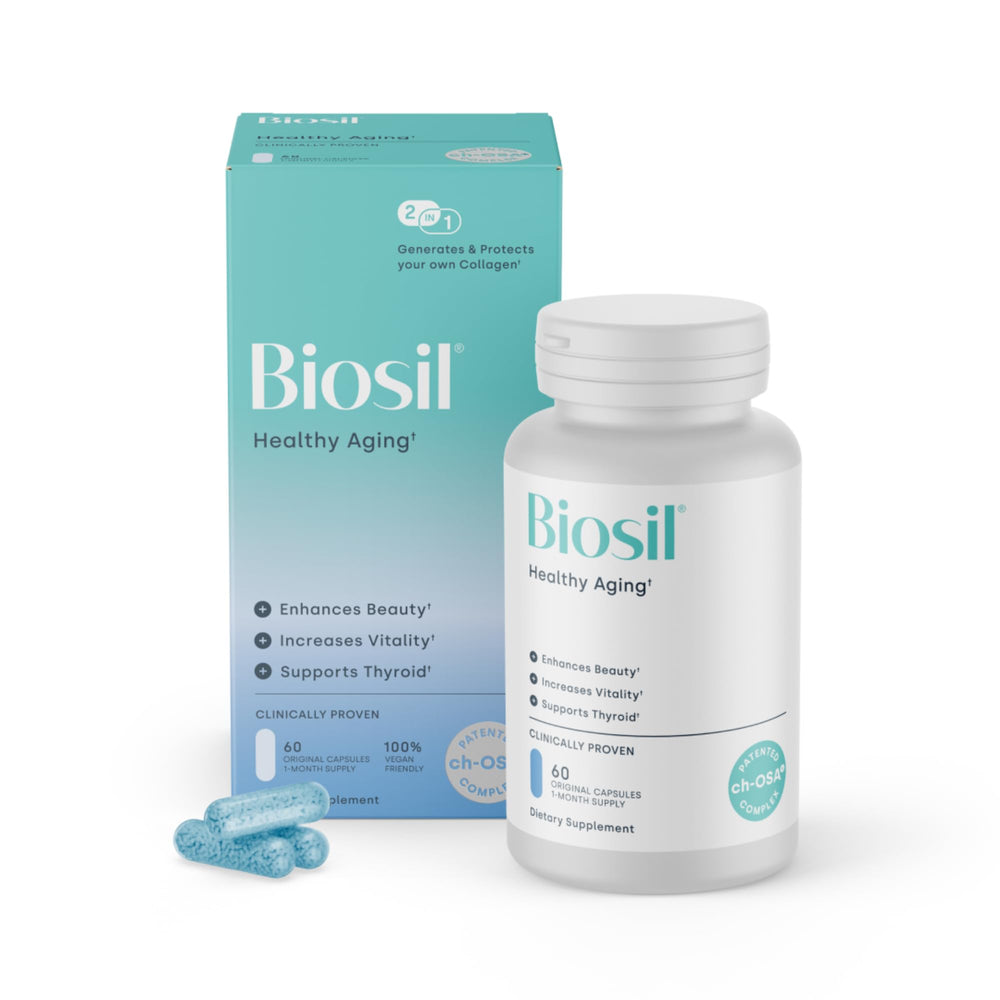 Biosil Healthy Aging bottle front displaying branding for radiant skin.
