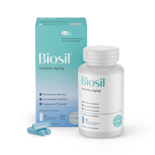 Biosil Healthy Aging bottle front displaying branding for radiant skin.