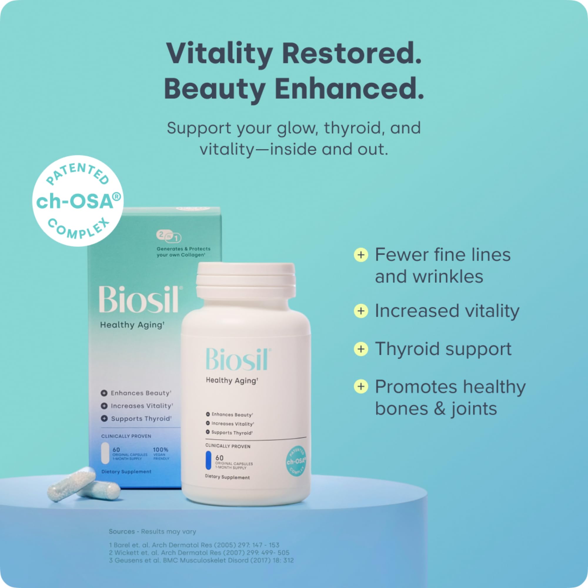 Biosil Healthy Aging capsules close-up emphasizing easy daily capsules.