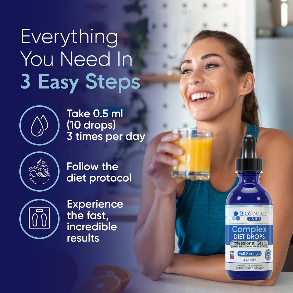 Dosing shot showing 10 drops of BioSource Labs Complex Diet Drops