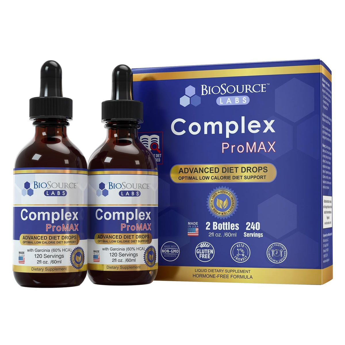 BioSource Labs Complex ProMAX Drops bottle showing premium diet support for busy days.