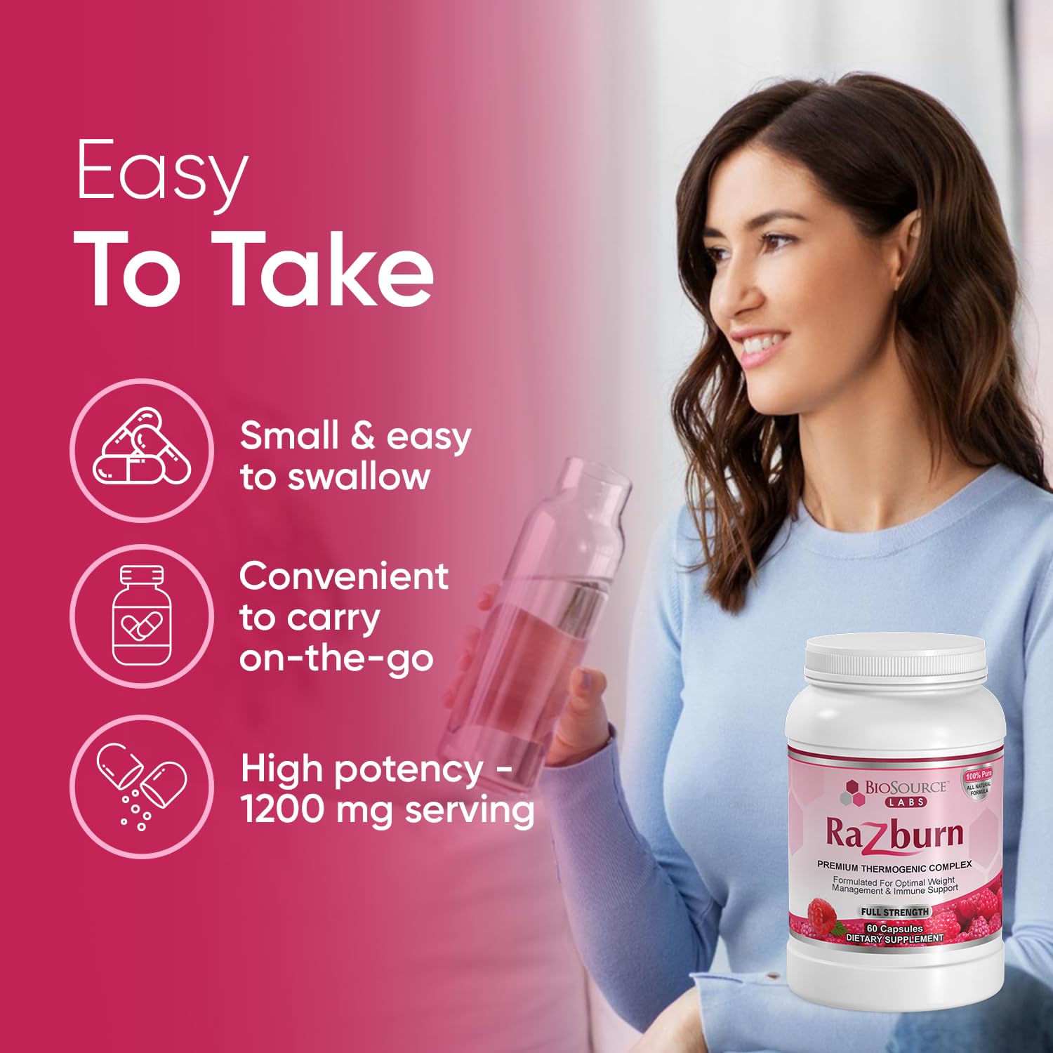 BioSource Labs Razburn capsules close-up highlighting convenient daily capsules.
