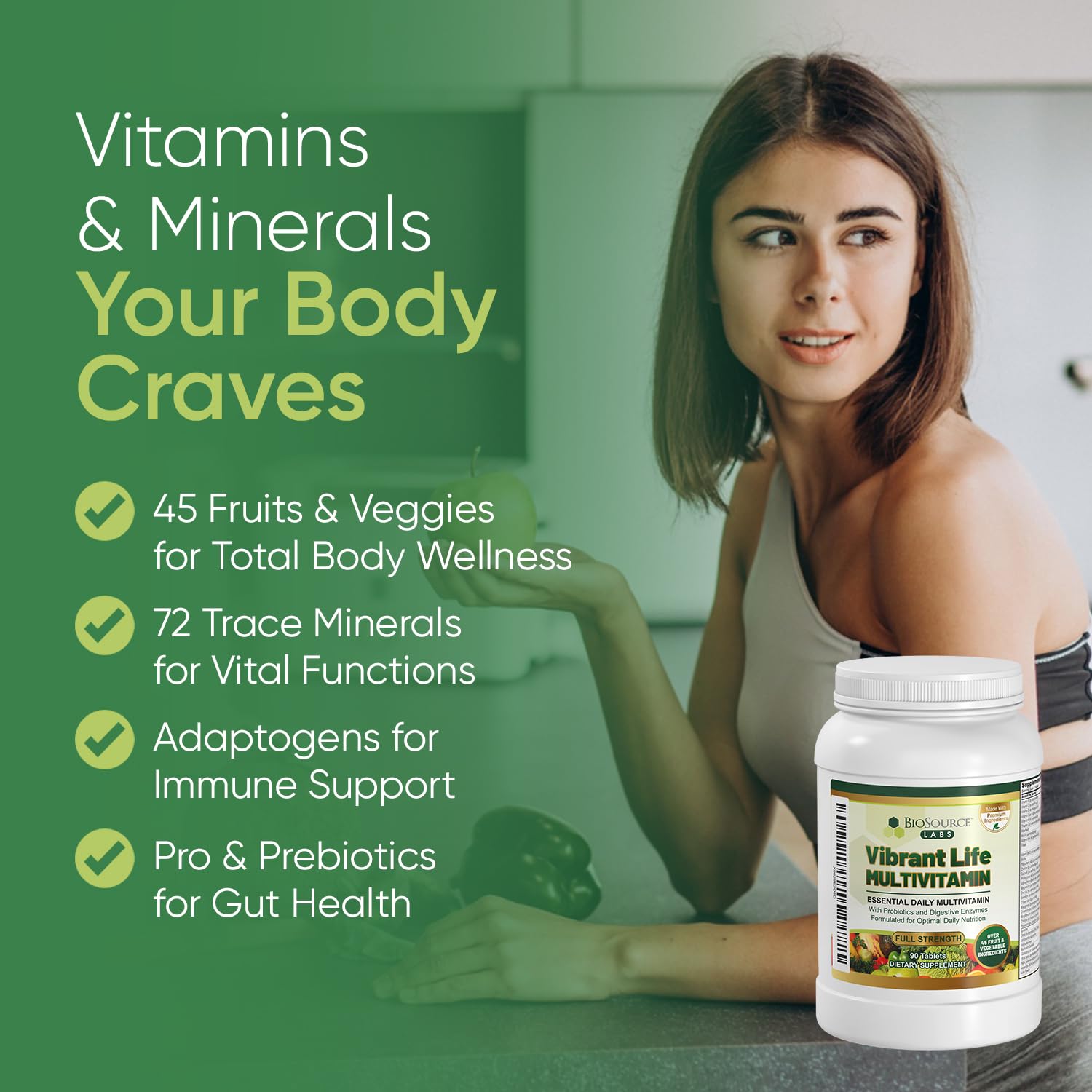Vibrant Life vitamins beside fresh produce for easy daily use.