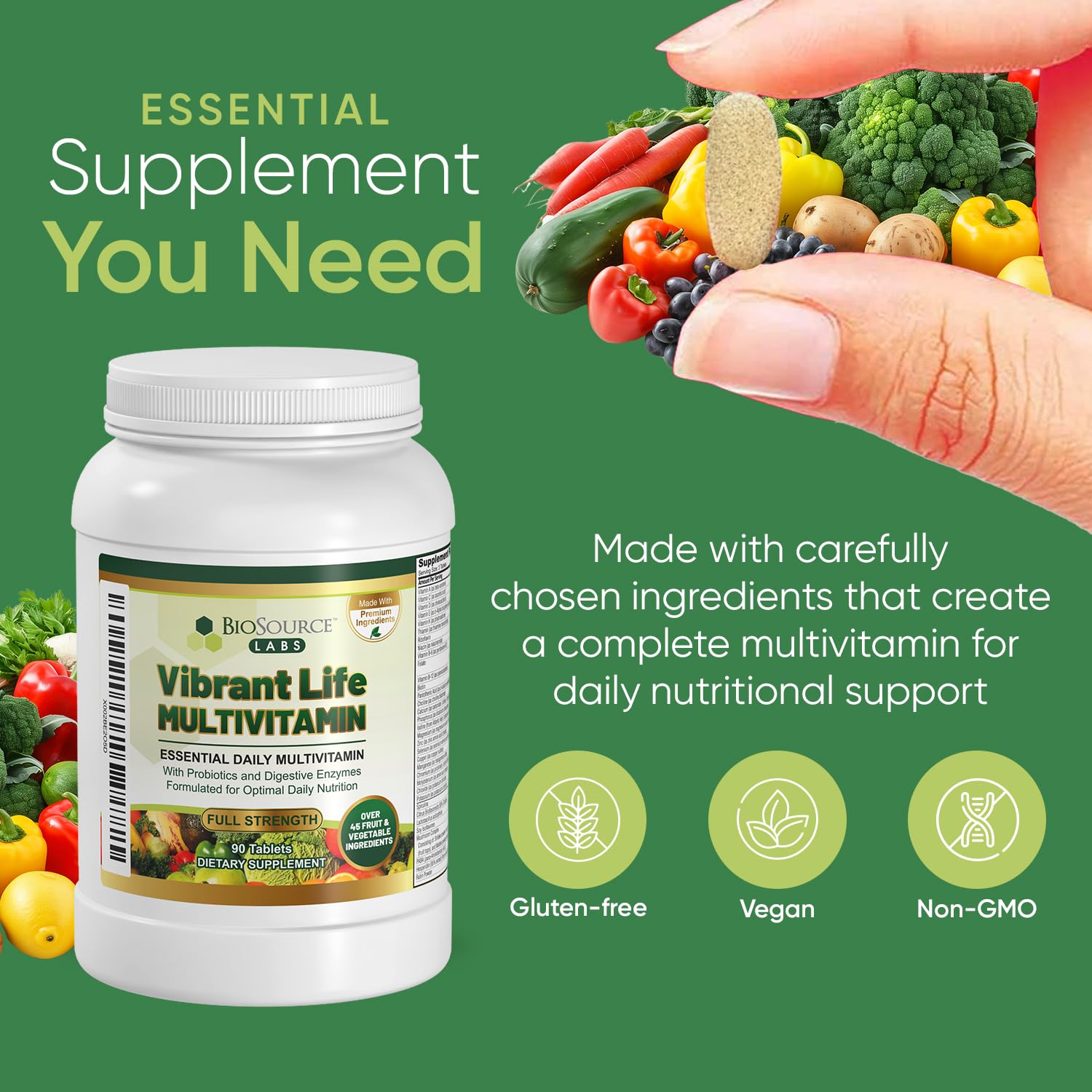 Close-up of Vibrant Life tablets for balanced daily nutrition.